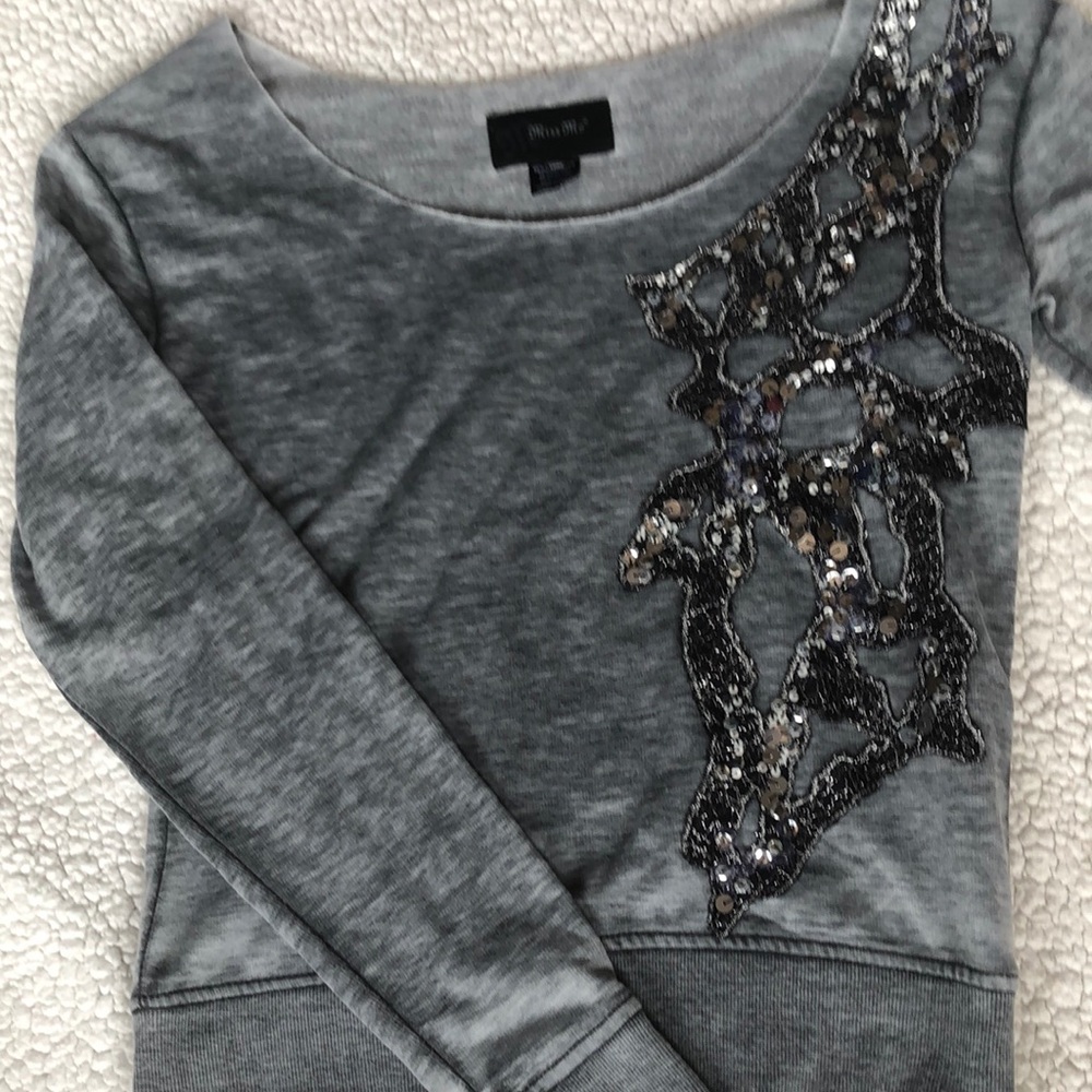 Miss Me Gray Sweatshirt with Black Sequin Detail
